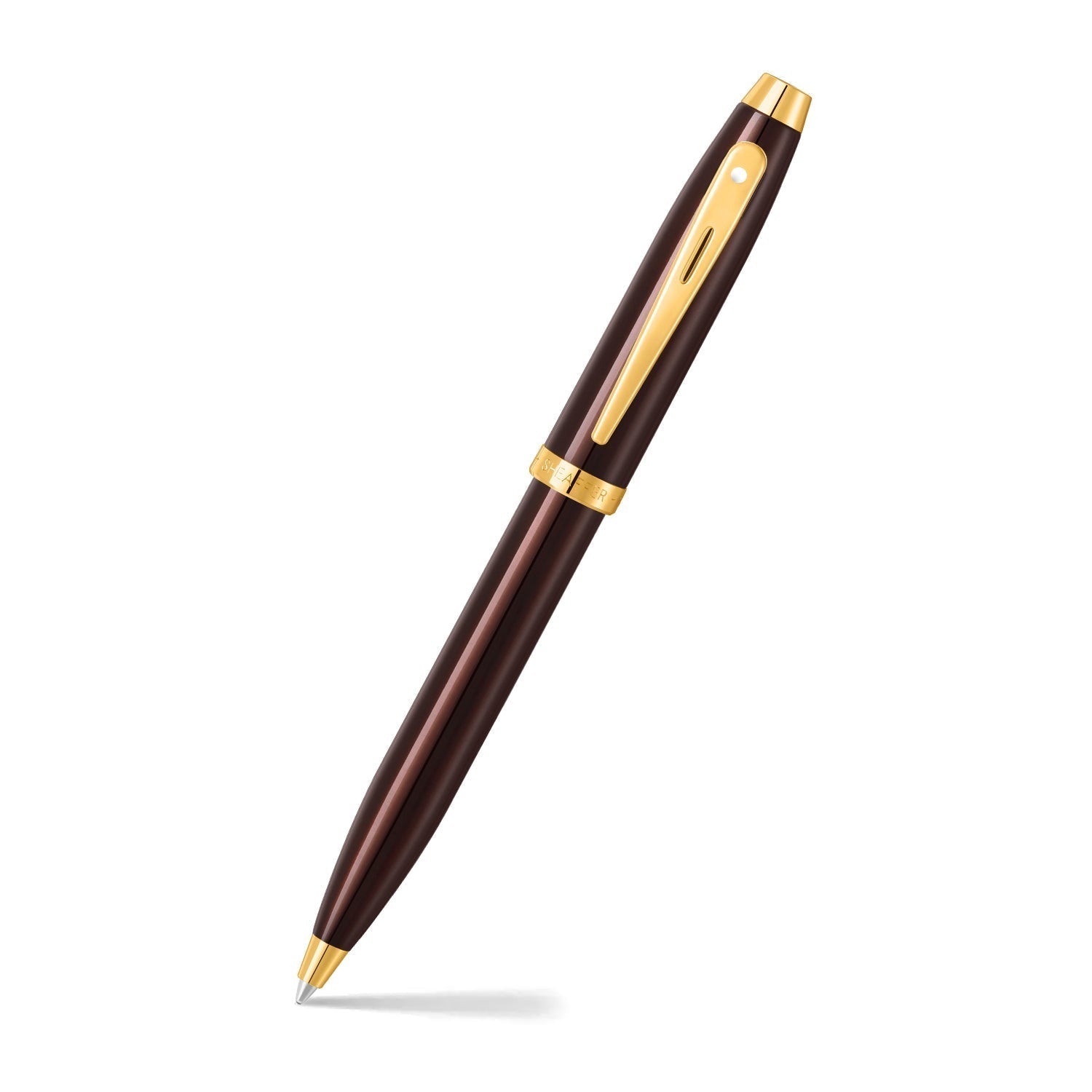 The Sheaffer® 100 9370 Glossy Coffee Brown Ballpoint Pen With PVD Gold-Tone Trim, a brown pen with gold trim, offers a exceptional writing experience, making it a perfect gift.