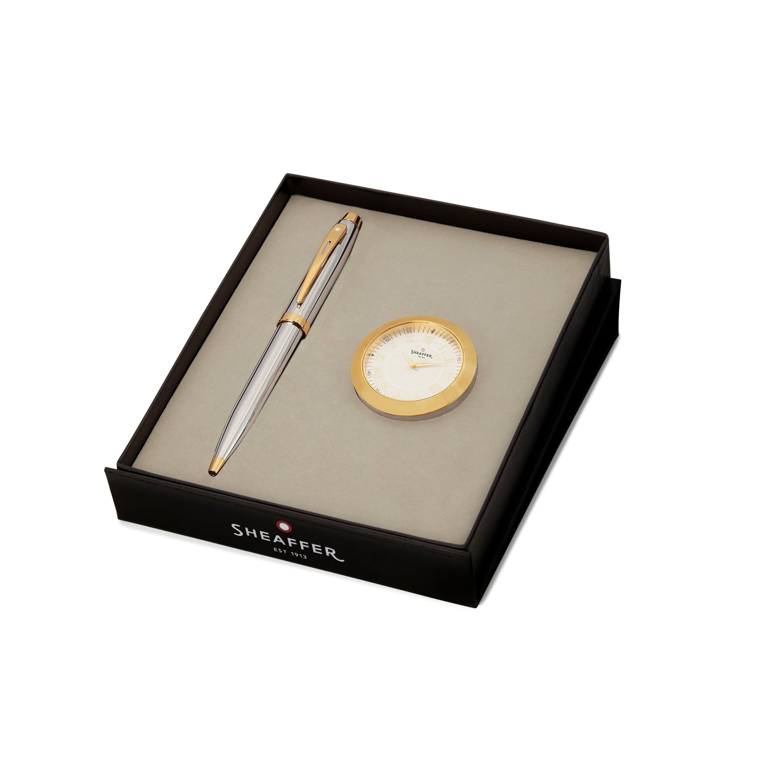 Sheaffer Gift Set ft. Bright Chrome 100 Ballpoint Pen with Gold Trims and Table Clock