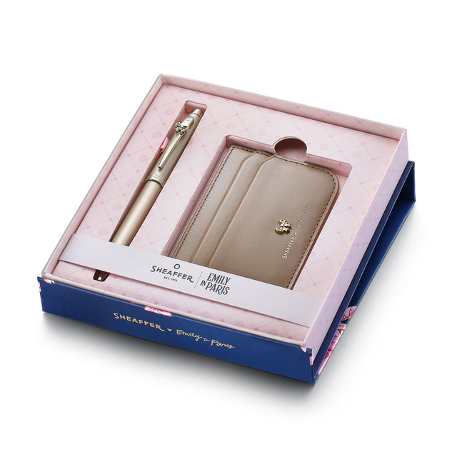 Sheaffer 100 EIP 9377 Champagne Gold Ballpoint Pen with Champgne Gold Trim and Full-Grain Credit Card Holder - Gift Set